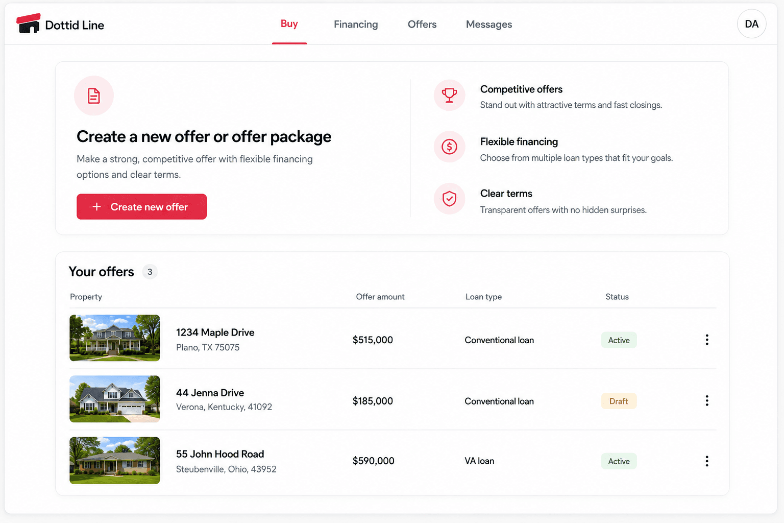 Dottid Line buyer workspace for creating and managing home offers